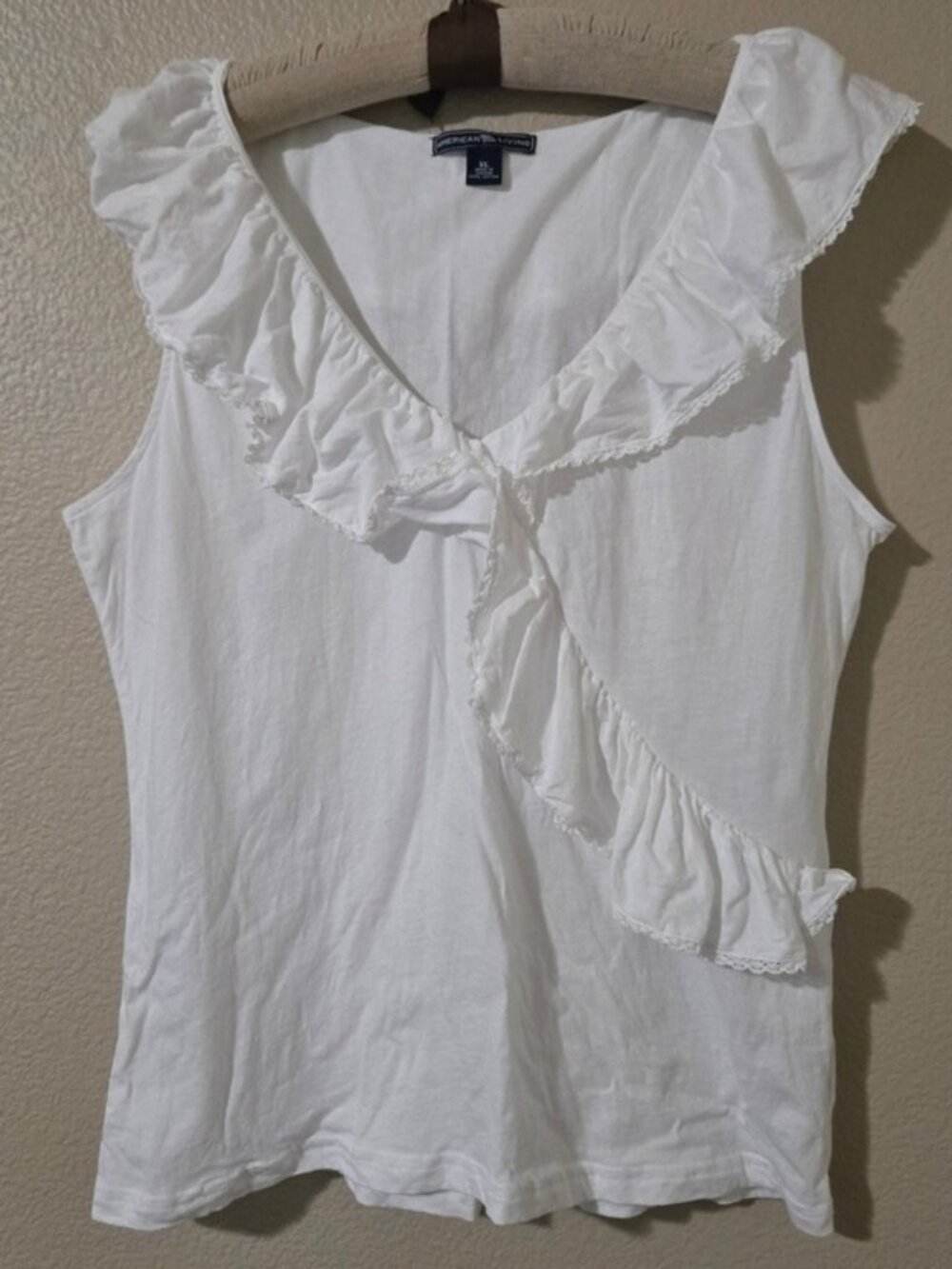 White Ruffle Lace Trim V-Neck Cotton Sleeveless Top XL